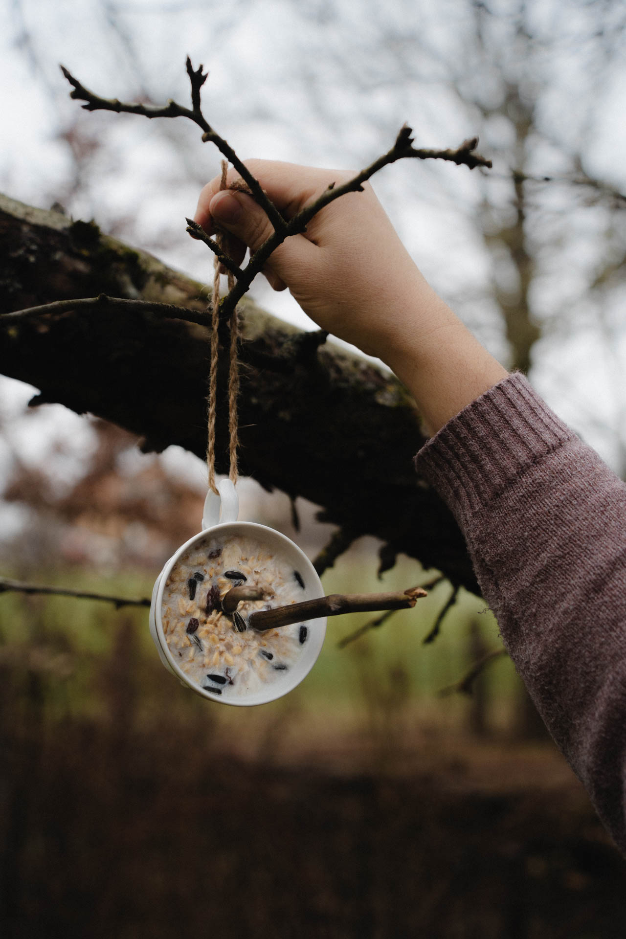 Eine Nahaufnahme davon, wie man Vogelfutter in Tassen zubereitet, das Foto ist im Rahmen einer Lifestyle Editorial Fotostrecke für Magazine entstanden, DIY Projekt