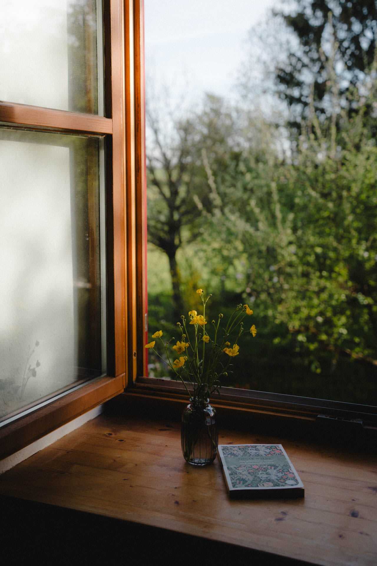 Butterblumen in einer Vase neben einem Buch von Oscar Wilde, das Foto ist im Rahmen einer Lifestyle Editorial Fotostrecke für Magazine entstanden