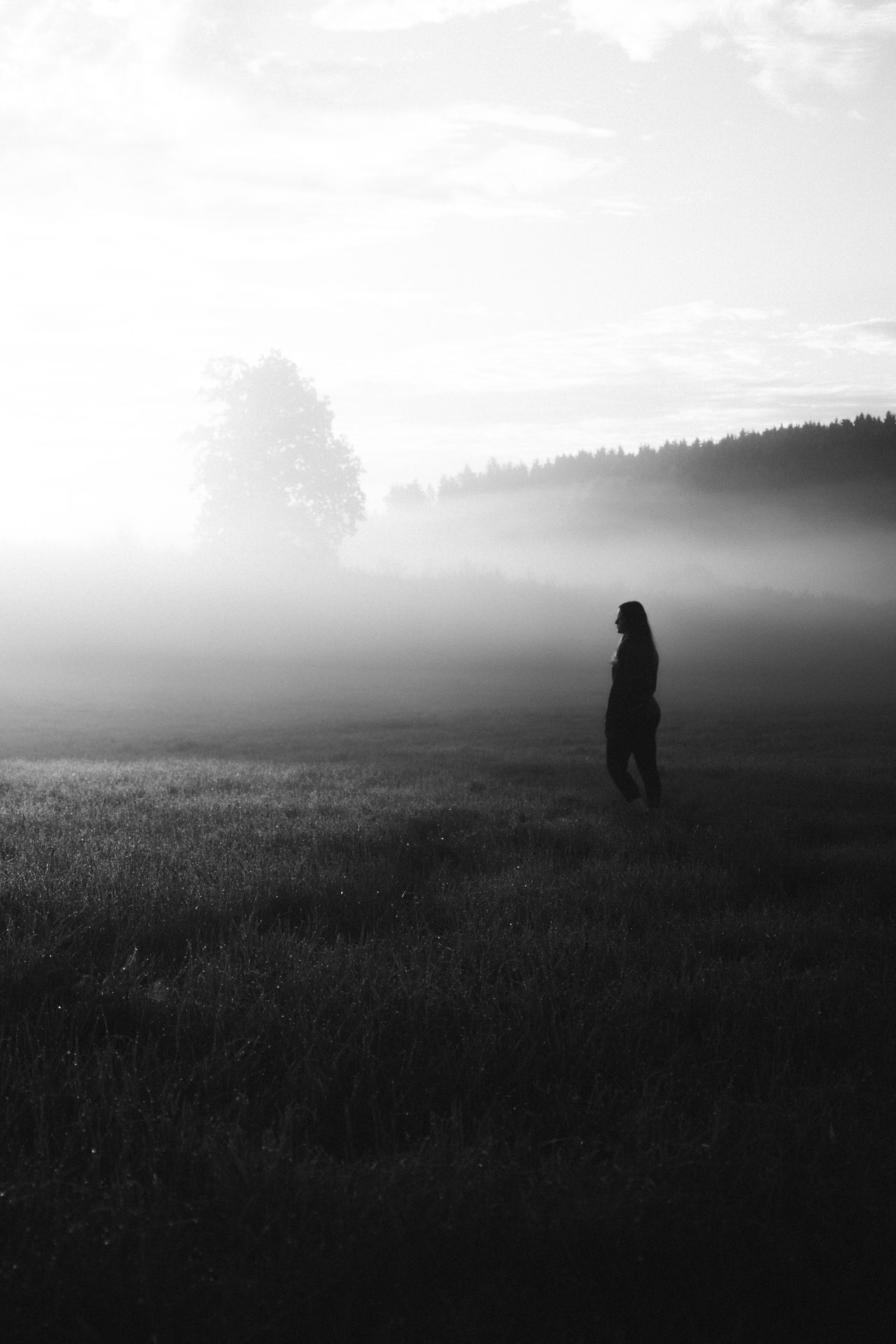 Silhouette einer Frau die zu einem nebeligen Gebiet hinschaut, das Foto ist im Rahmen der Portraitfotografie entstanden
